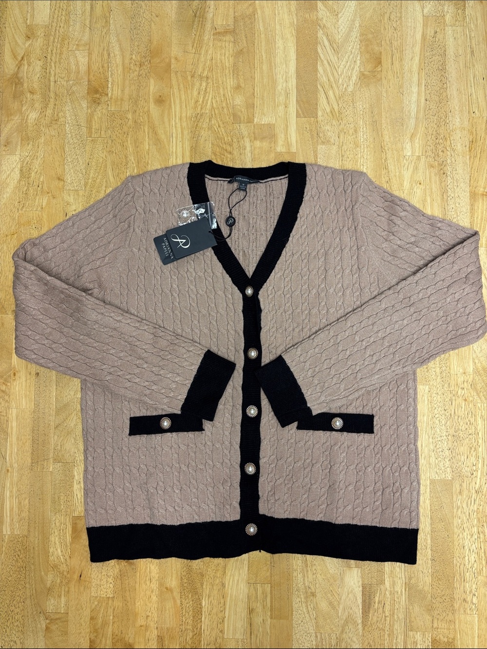 Adrianna Papell Cable Knit Cardigan Contrast Trim Faux Pearl Button NWT Medium M